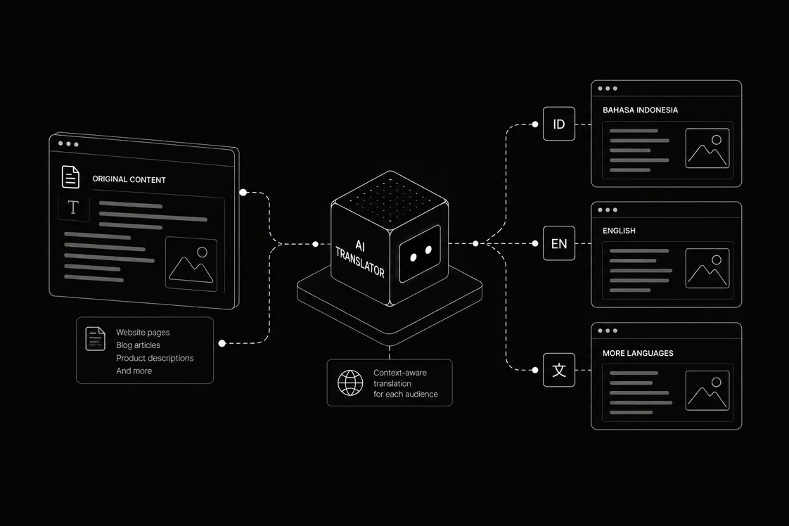Diagram: original content flows through an AI translator into Bahasa Indonesia, English, and more languages