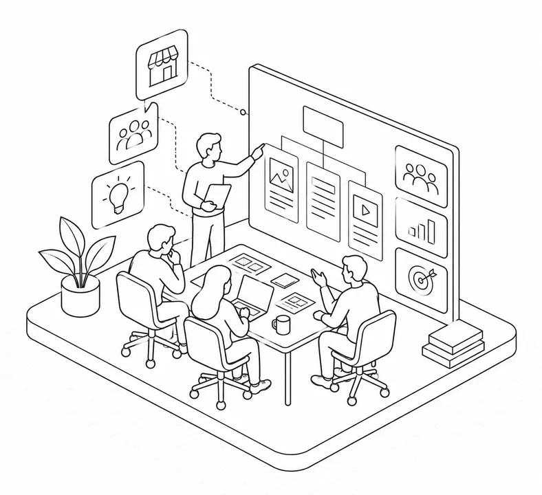 A team mapping pages, content, and features on a planning board
