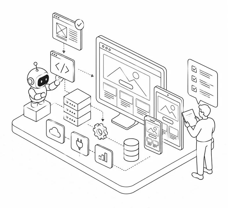An AI robot building the approved design into a responsive website while a team member reviews a checklist