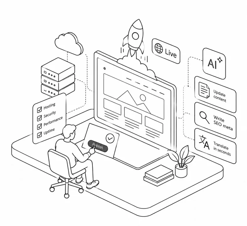 A person managing a live website with hosting, security, and AI content tools around it
