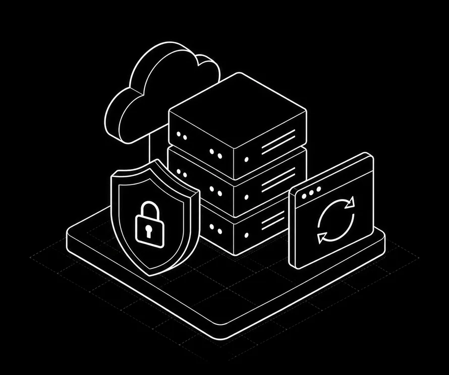 SSL and security updates illustration: a padlock shield beside servers