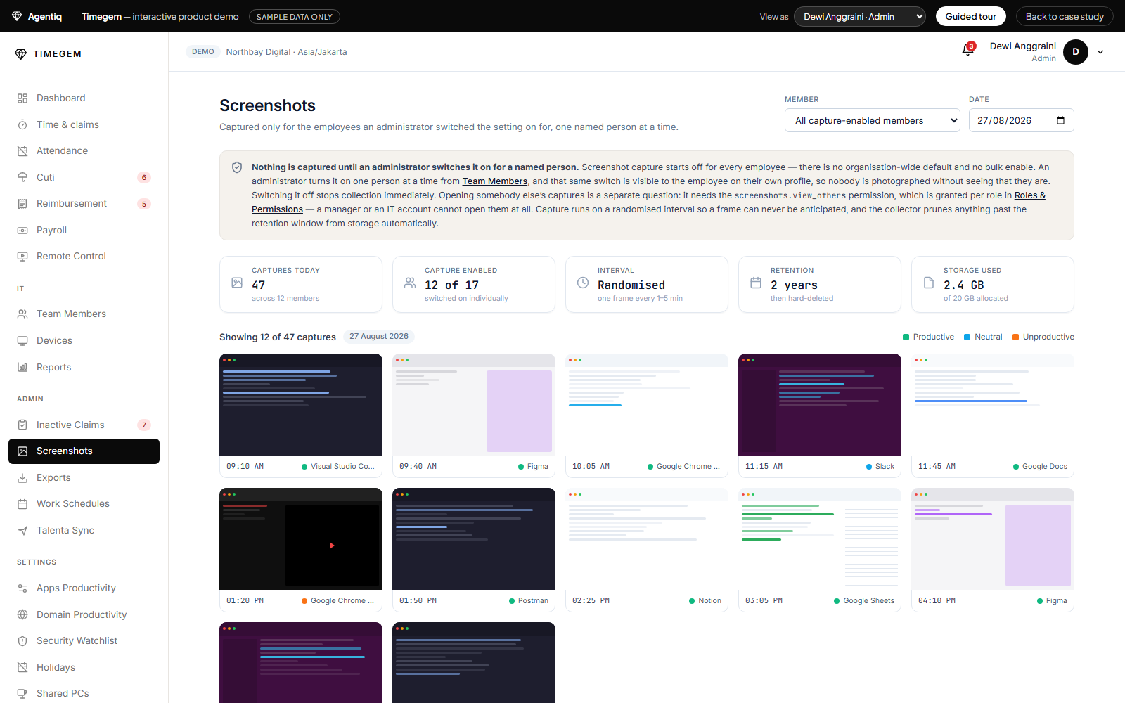 Timegem screenshot gallery with per-employee capture settings and retention controls