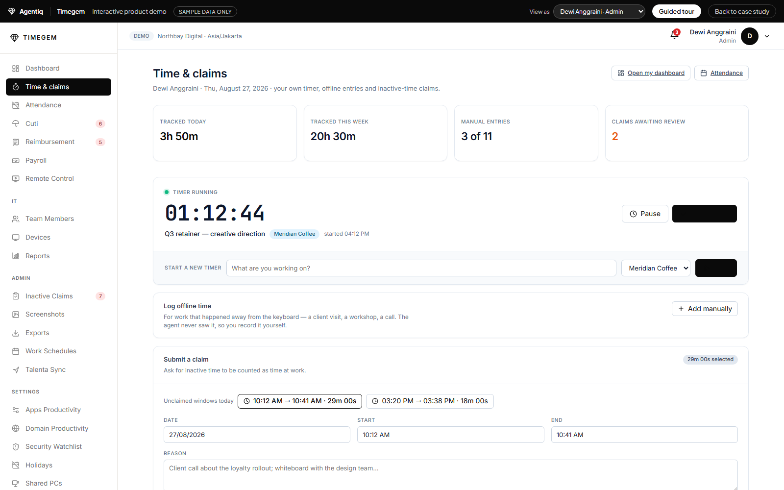 Timegem time-claims screen with idle gaps, reasons and approval actions