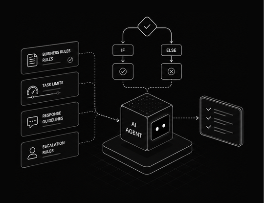 Diagram of an AI agent working from business rules, task limits, response guidelines and escalation rules, with if/else checks before it produces checked output