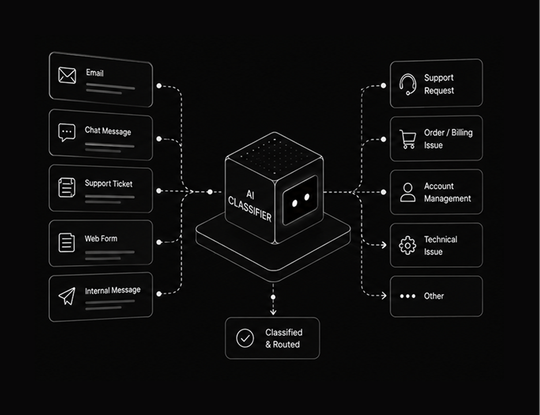 Diagram of an AI classifier sorting emails, chat messages, support tickets, web forms and internal messages into categories such as support, orders and billing, accounts and technical issues
